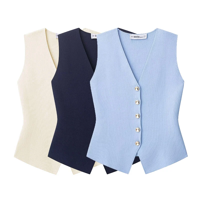 kf-S2f464cbbad754565969219a8e8e5b5dfW Willshela Women Fashion Solid Single Breasted Knitted Vest Tank Tops Vintage V-Neck Sleeveless Female Chic Lady Top - Image 1