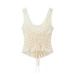 Willshela Women Fashion Solid Pleated Lace Up Slim Fitting Camis Vintage Straps V-Neck Female Chic Lady Tank Tops - Image 3