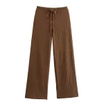 Willshela Women Fashion Texture Solid Drawstring Straight Pants Vintage High Elastic Waist Full Length Female Chic Lady Trousers - Image 5