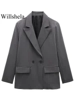 Willshela Women Fashion With Pockets Solid Double Breasted Blazer Vintage Long Sleeves Notched Neck Female Office Lady Outfits - Image 2