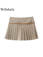 Willshela Women Fashion With Belt Solid Pleated Side Zipper Mini Skirts Shorts Vintage High Waist Female Chic Lady Shorts - Image 3