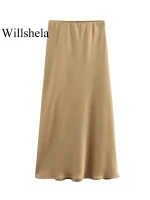 Willshela Women Fashion Satin Solid Pleated Midi Skirt Vintage Mid Elastic Waist Female Chic Lady Skirts - Image 2