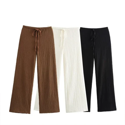 Willshela Women Fashion Texture Solid Drawstring Straight Pants Vintage High Elastic Waist Full Length Female Chic Lady Trousers