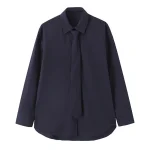 Willshela Women Fashion With Tie Navy Blue Single Breasted Blouse Vintage Lapel Neck Long Sleeves Female Chic Lady Shirts