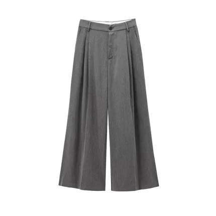 Willshela Women Fashion Grey Front Zipper Pleated Wide Leg Pants Vintage High Waist Full Length Female Chic Lady Trousers