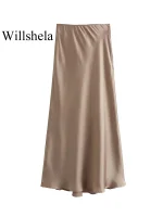 Willshela Women Fashion Satin Solid Pleated Midi Skirt Vintage Mid Elastic Waist Female Chic Lady Skirts - Image 4